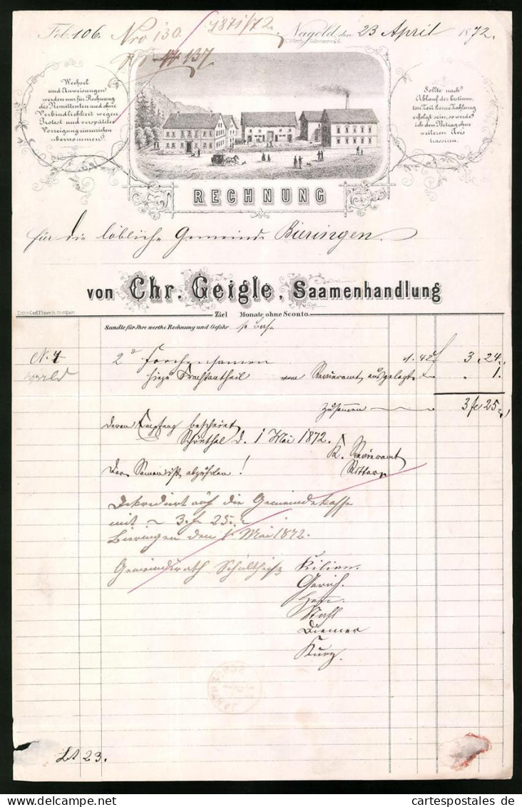 Rechnung Nagold 1872, Saamenhandlung Chr. Geigle, Blick Auf Die Werkshäuser  - Andere & Zonder Classificatie