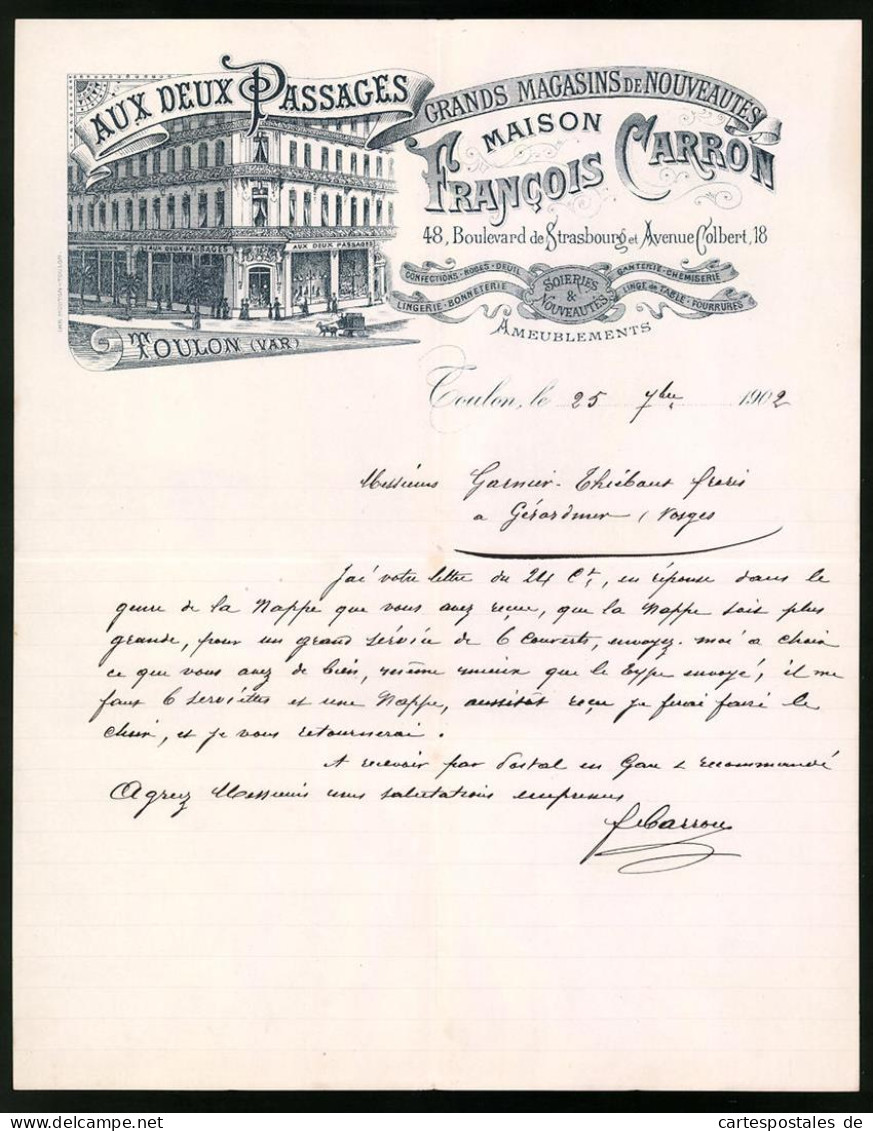 Facture Toulon 1902, Grands Magasins De Nouveautes, Francois Carron, Verkaufshaus 48 Boul. De Strasbourg  - Sonstige & Ohne Zuordnung