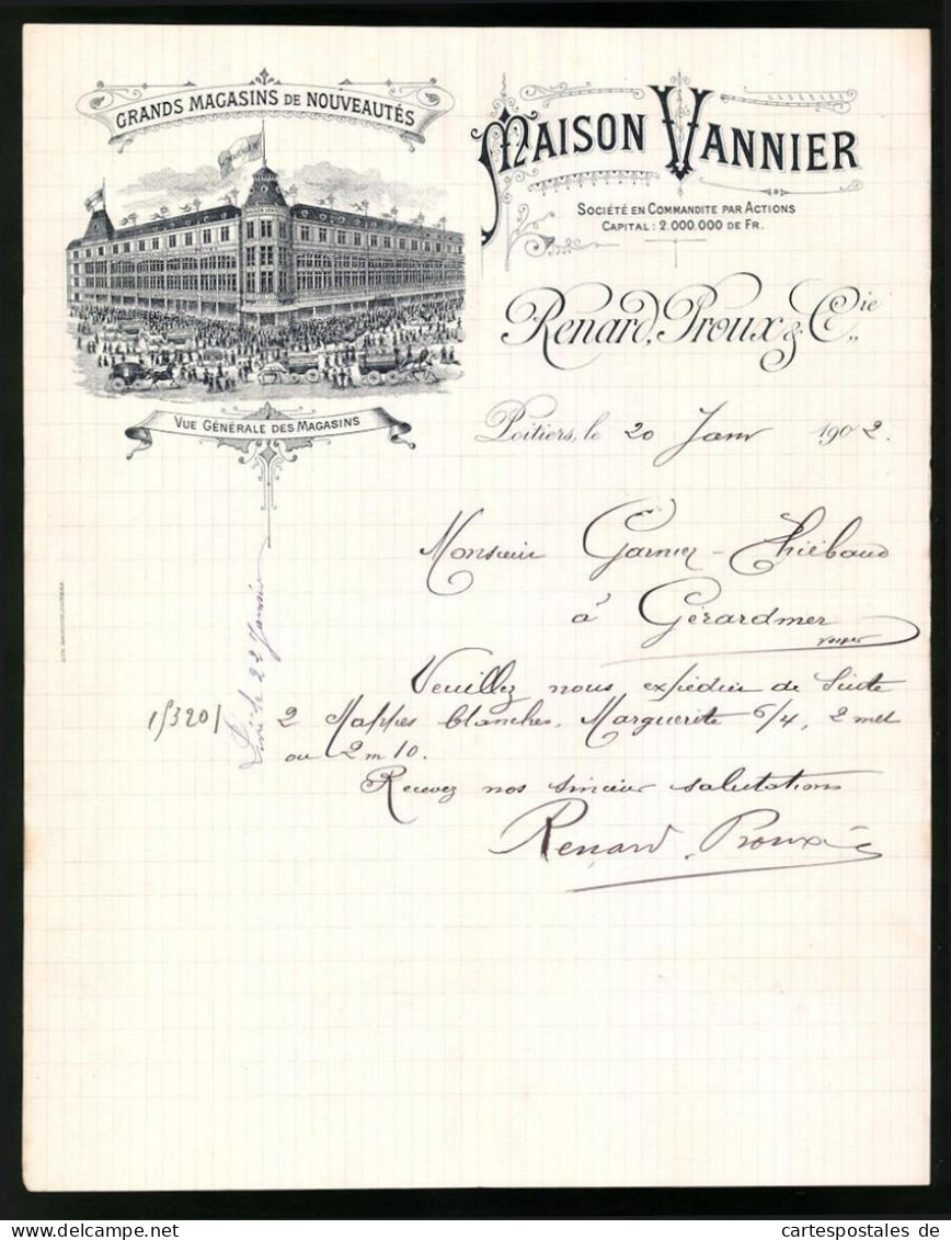 Facture Poitiers 1902, Maison Vannier, Renard Proux & Cie., Vue Generale Des Magasins  - Andere & Zonder Classificatie