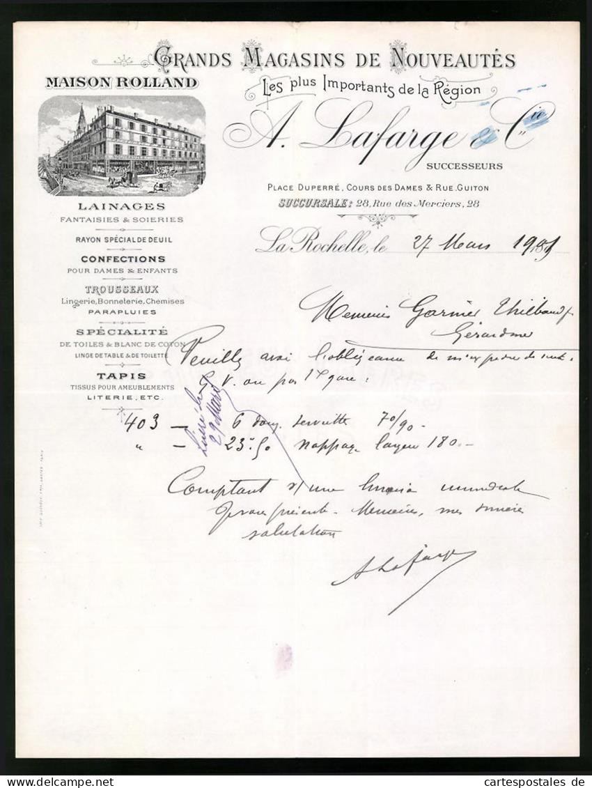 Facture La Rochelle 1901, Grands Magasins De Nouveautes, A. Lafarge & Cie., Maison Rolland, Verkaufshaus Rue Des Mercie  - Sonstige & Ohne Zuordnung