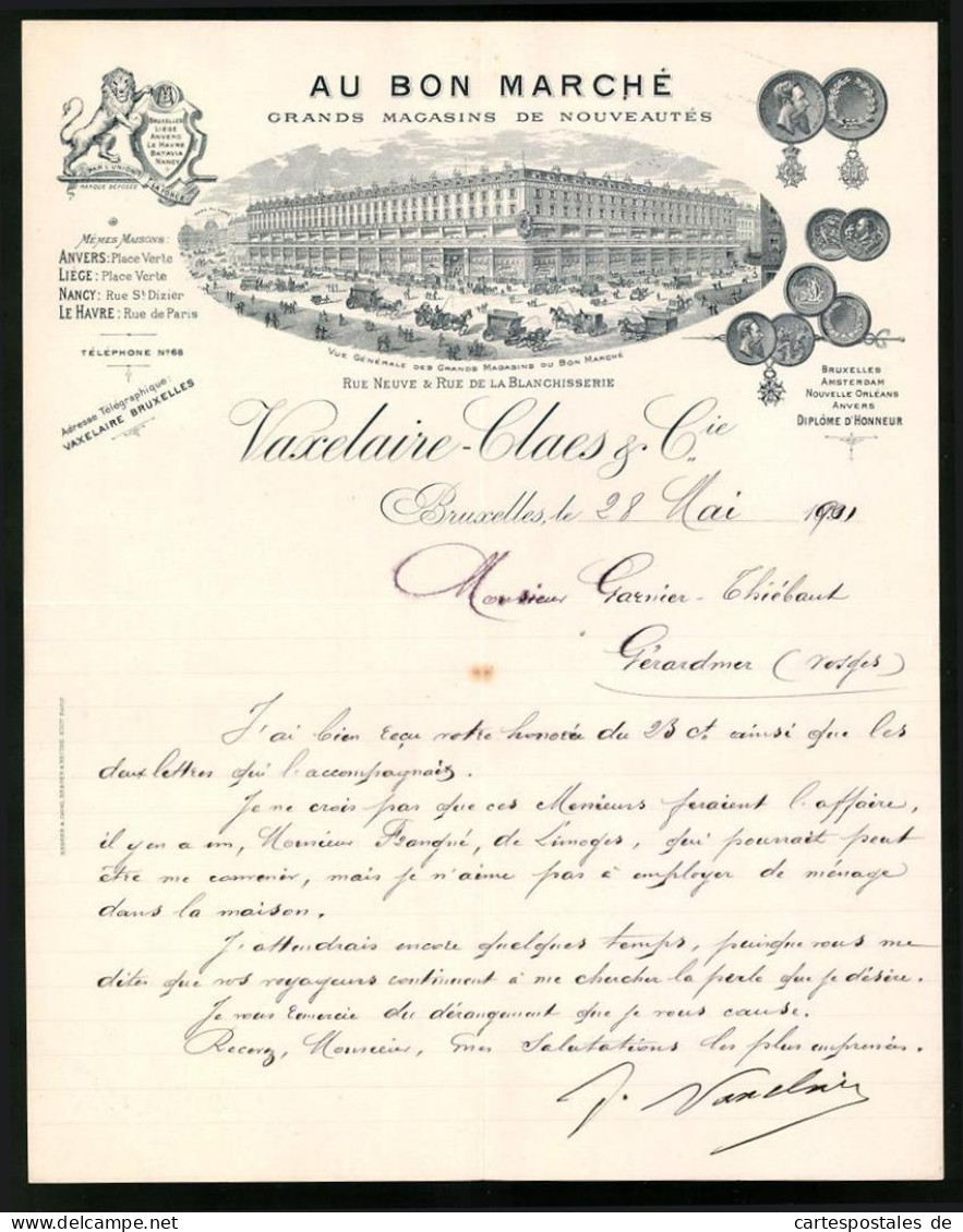 Rechnung Bruxelles 1901, Grands Magasins De Nouveautes Vaxelaire-Claes & Cie., Geschäfsthaus Rue De La Blanchisserie  - Andere & Zonder Classificatie