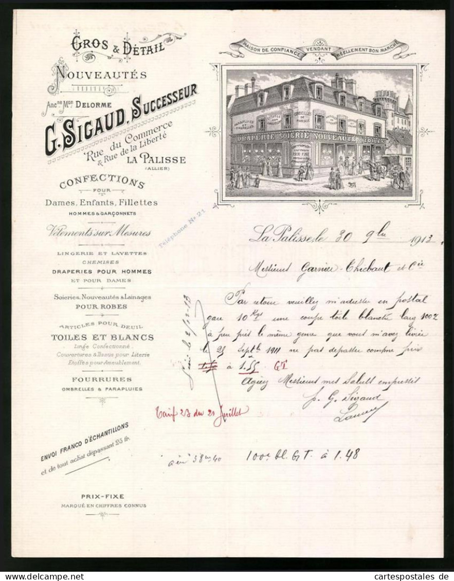 Facture Lapalisse 1913, Gros & Detail Nouveates, G. Sigaud Suc., Vue De Das Verkaufshaus In Der Rue Du Commerce  - Altri & Non Classificati
