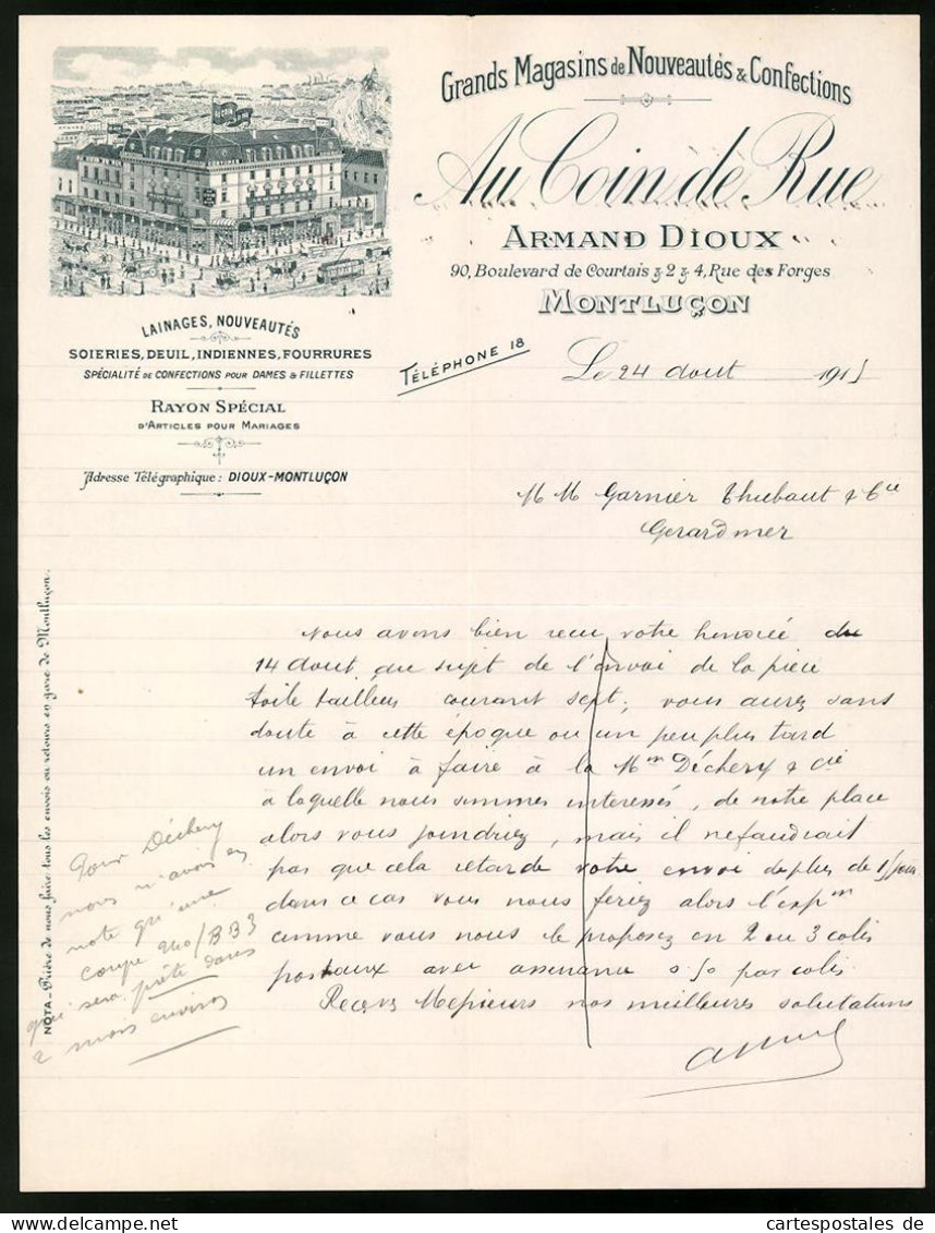 Facture Montlucon 1913, Grand Magasins De Nouveautes & Confections, Armand Dioux, Geschäfsthaus Blvd. De Courtais 90  - Andere & Zonder Classificatie