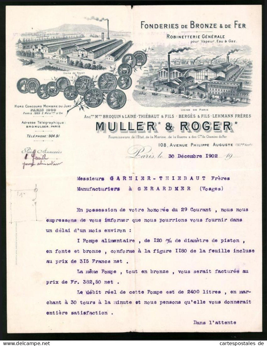 Facture Paris 1902, Fonderies De Bronze & De Fer, Muller & Roger, Werksansichten, Usine De Paris Et De Noyon  - Andere & Zonder Classificatie