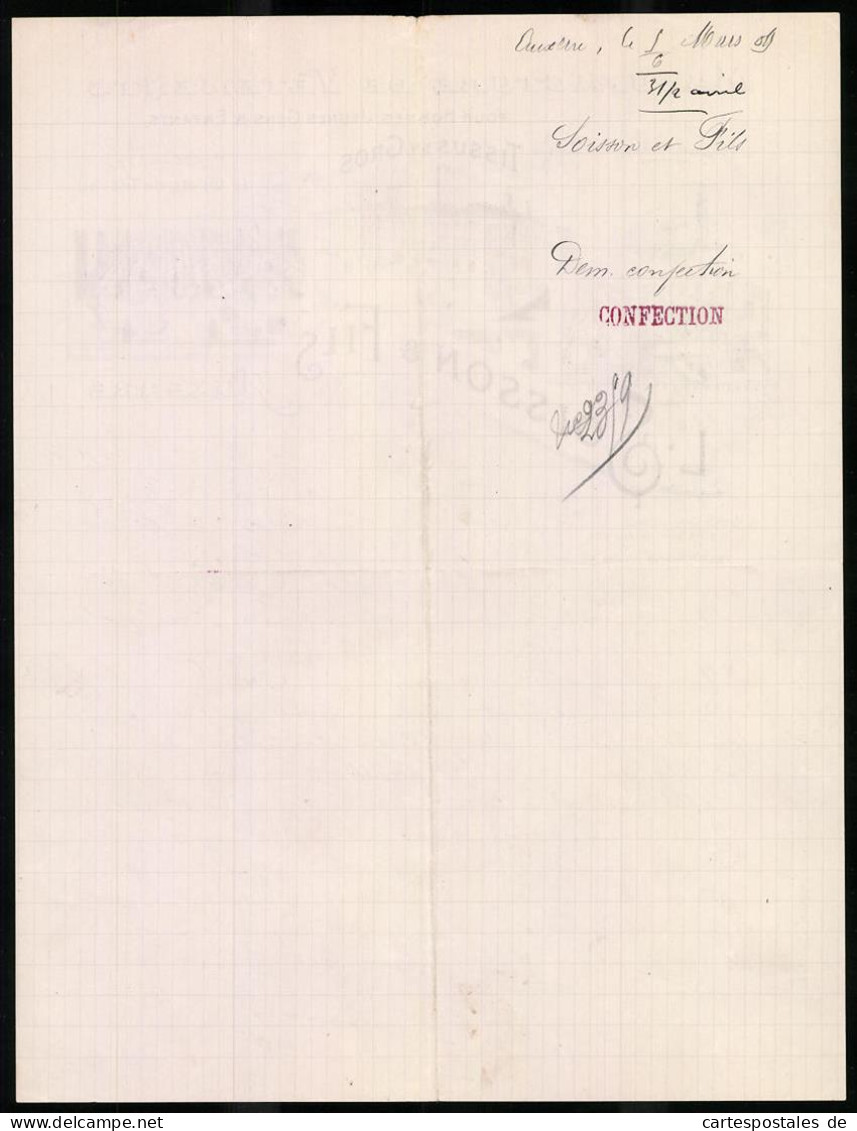 Facture Auxerre 1909, Manufacture De Vetements, Tissus En Gros, L. Soisson & Fils, Werk Avec Vue Intérieureen  - Andere & Zonder Classificatie