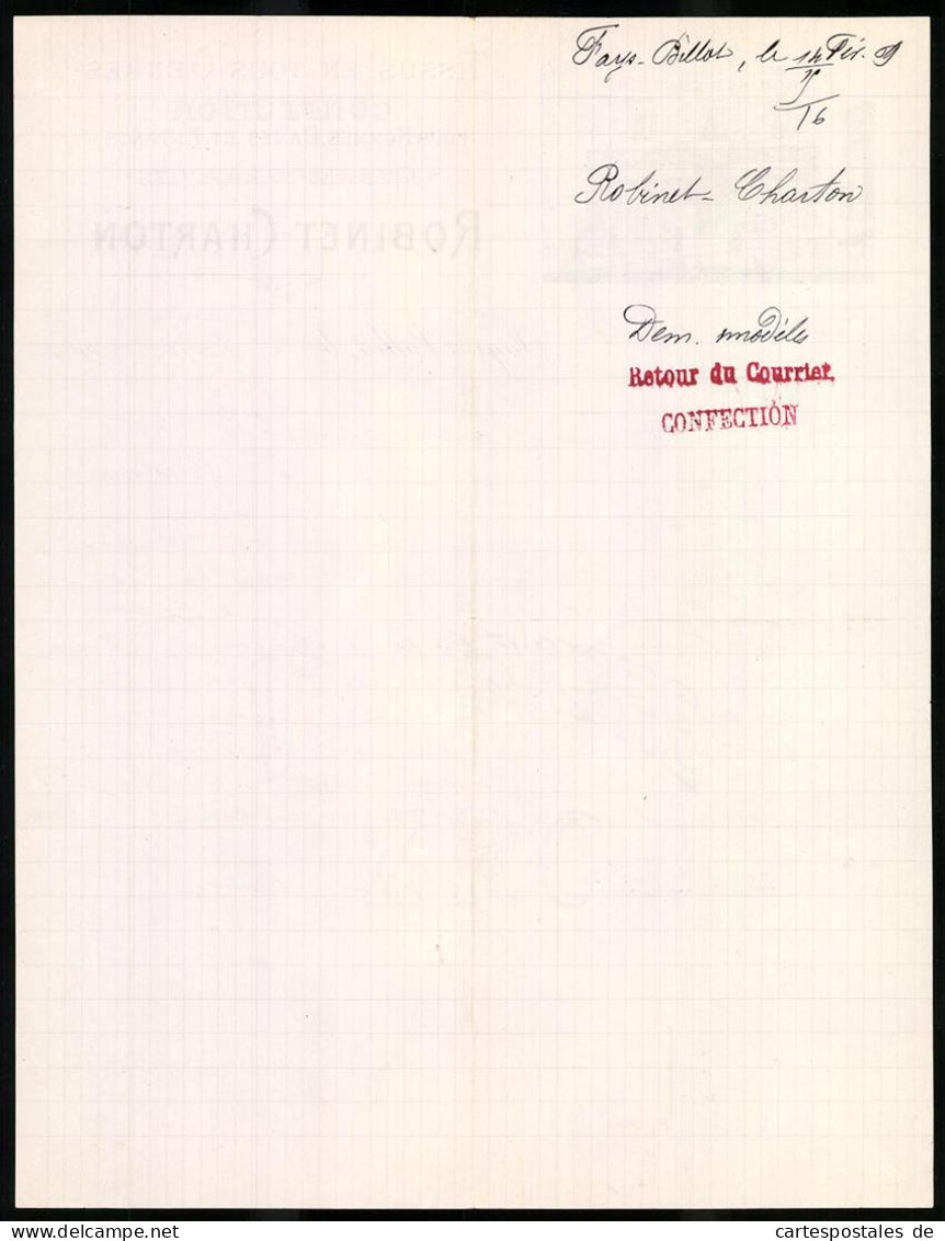 Facture Fayl-Billot 1909, Tissus En Tous Genres Confection, Robinet Charton, Vue De Das Geschäftshaus  - Other & Unclassified