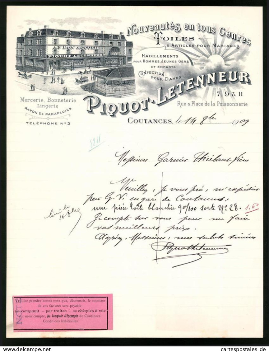 Facture Coutances 1909, Nouveautes En Tous Genres Toiles / Artic. Pour Mariages, Piquot Letenneur, Geschäftshaus  - Andere & Zonder Classificatie