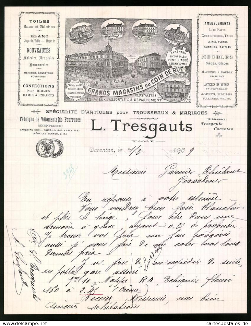Facture Carentan 1909, Grand Magasins Du Coin De Rue, Trousseaux & Mariages, L. Tresgauts, Geschäfstansichten  - Autres & Non Classés
