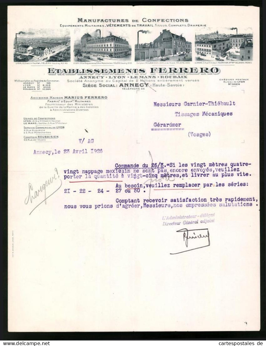 Facture Annecy 1926, Manufactures De Confections, Etablissements Ferrero, Equipements Militaires-Vetements De Travail  - Sonstige & Ohne Zuordnung