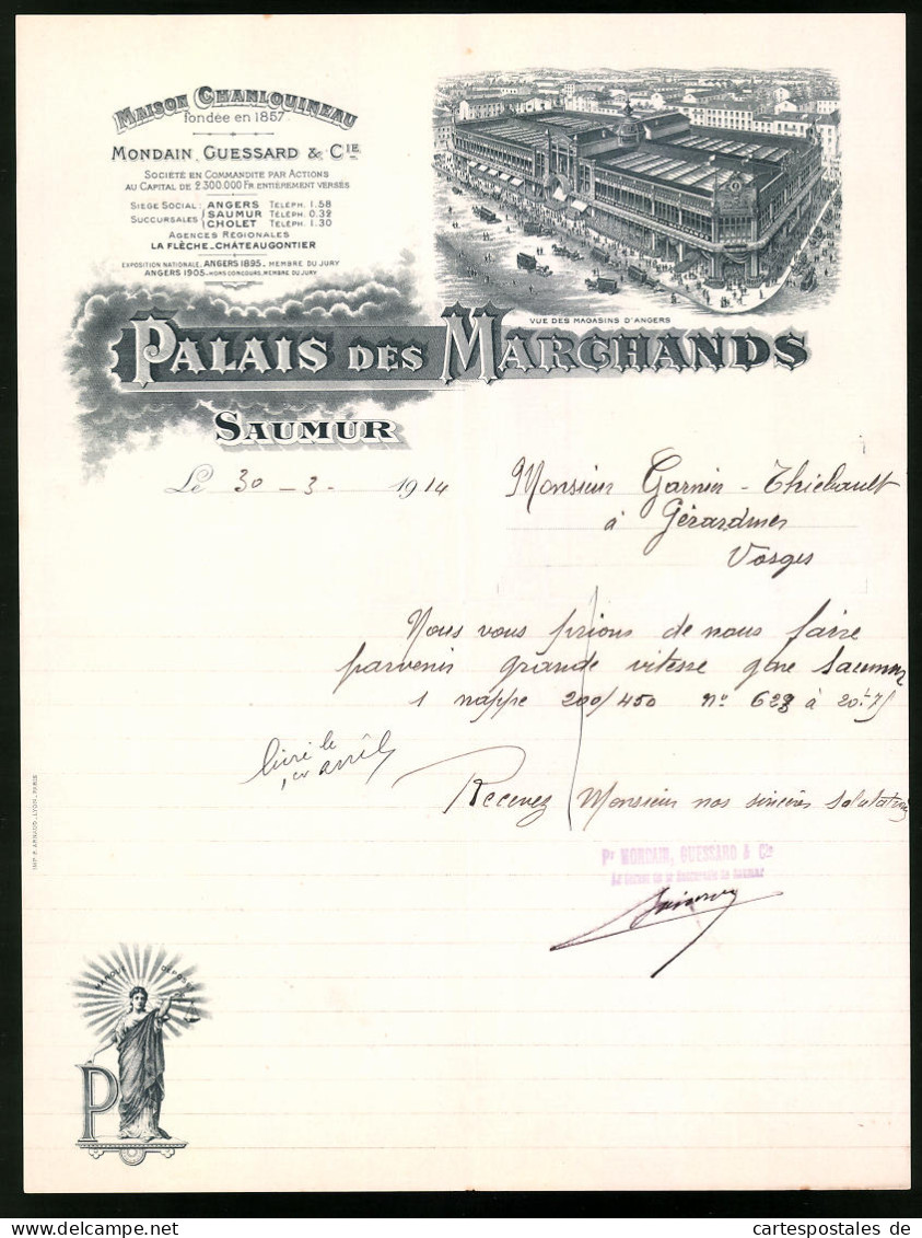 Facture Saumur 1914, Palais Des Marchands, Moison Chanlouineau, Geschäfsthaus, Magsins D`angers  - Autres & Non Classés