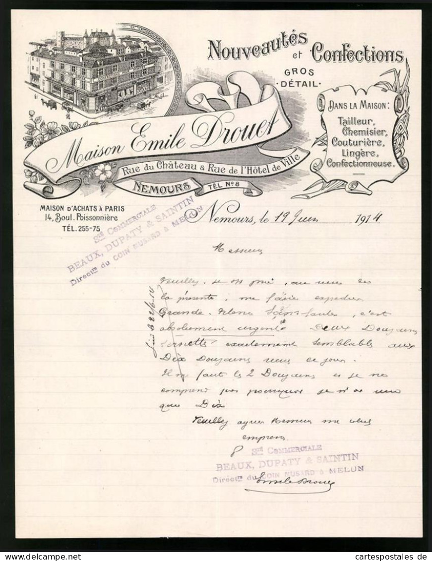 Facture Nemours 1914, Maison Emil Drouet, Nouveautes Et Confections, Geschäfsthaus Boul. Poissonniere 14  - Other & Unclassified