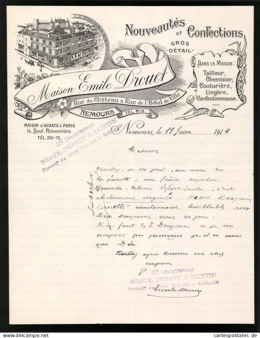 Facture Nemours 1914, Maison Emil Drouet, Nouveautes Et Confections, Geschäfsthaus Boul. Poissonniere 14  - Andere & Zonder Classificatie