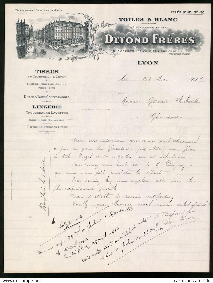 Facture Lyon 1914, Toiles & Blanc, Maison Fondee, Defond Freres, Geschäftshaus Rue De L`Hotel-de-Ville 29  - Sonstige & Ohne Zuordnung