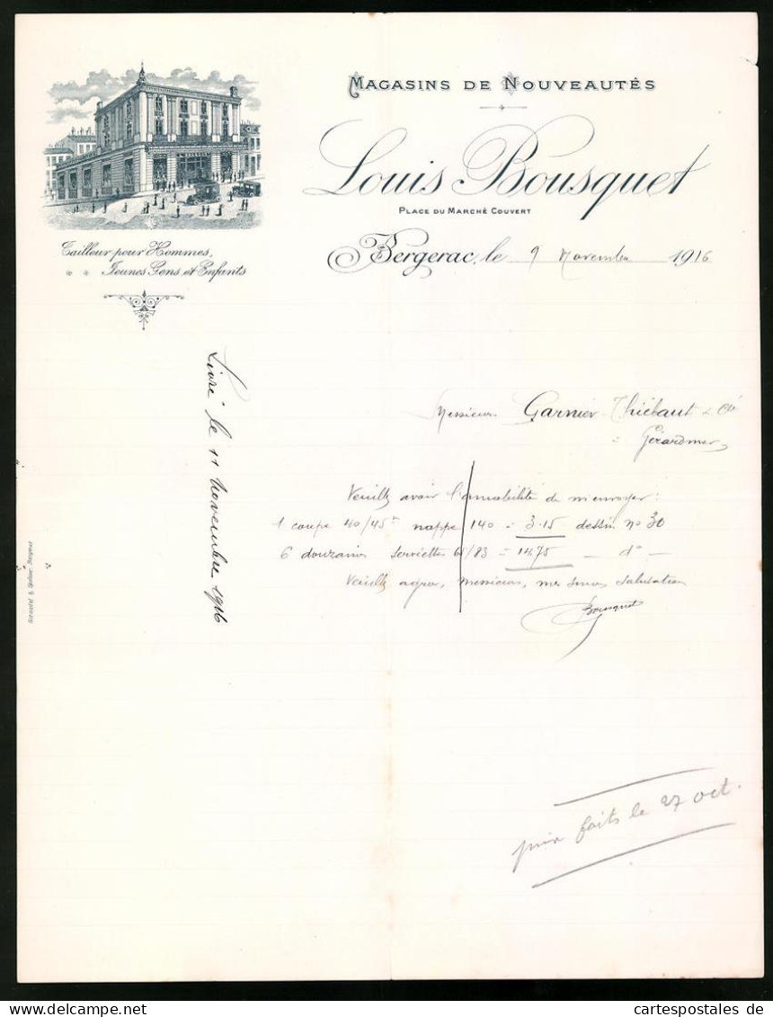 Facture Bergerac 1916, Magasins De Nouveautes, Louis Bousquet, Geschäftshaus Am Place Du Marche Couvert  - Autres & Non Classés