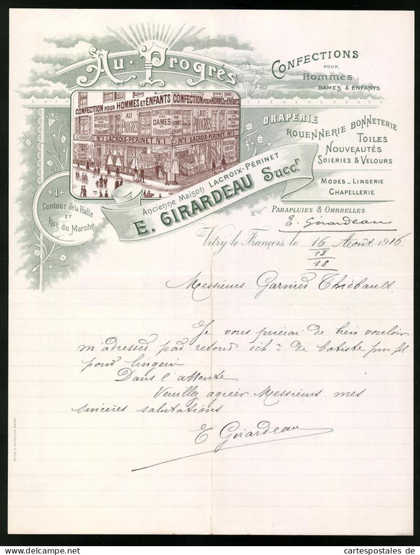 Facture Vitry-le-Francois 1916, Confections Pour Hommes, Dames & Enfants, E. Girardeau Su., Geschäftshaus Rue Du Marc  - Other & Unclassified