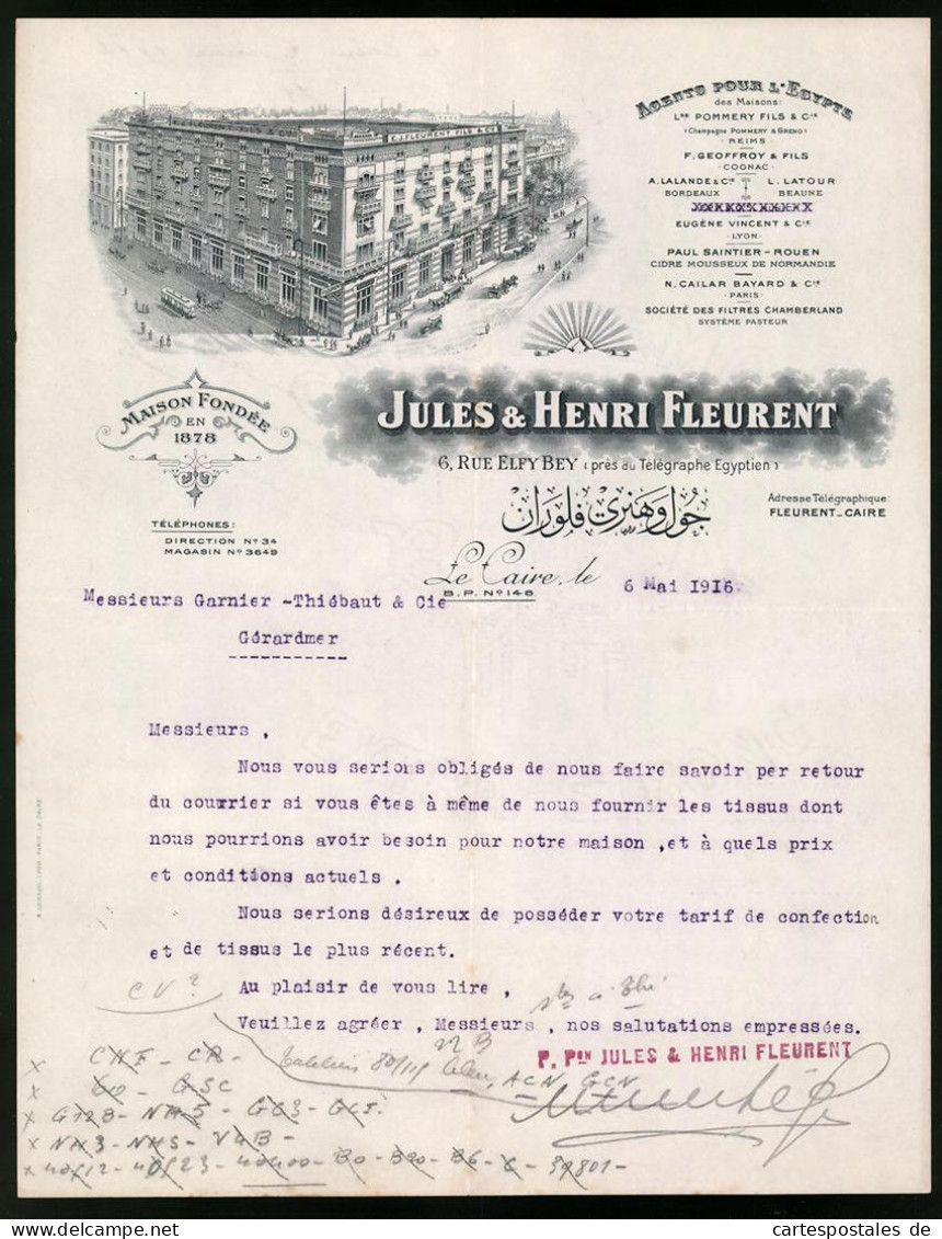 Facture Kairo 1916, Jules & Henri Fleurent, Rue Elfy Bey 6, Geschäfstshaus Avec Tramway  - Autres & Non Classés