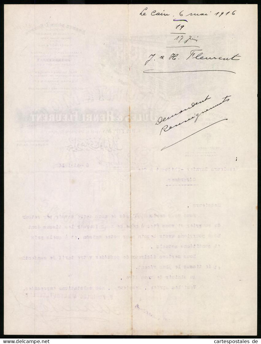 Facture Kairo 1916, Jules & Henri Fleurent, Rue Elfy Bey 6, Geschäfstshaus Avec Tramway  - Andere & Zonder Classificatie