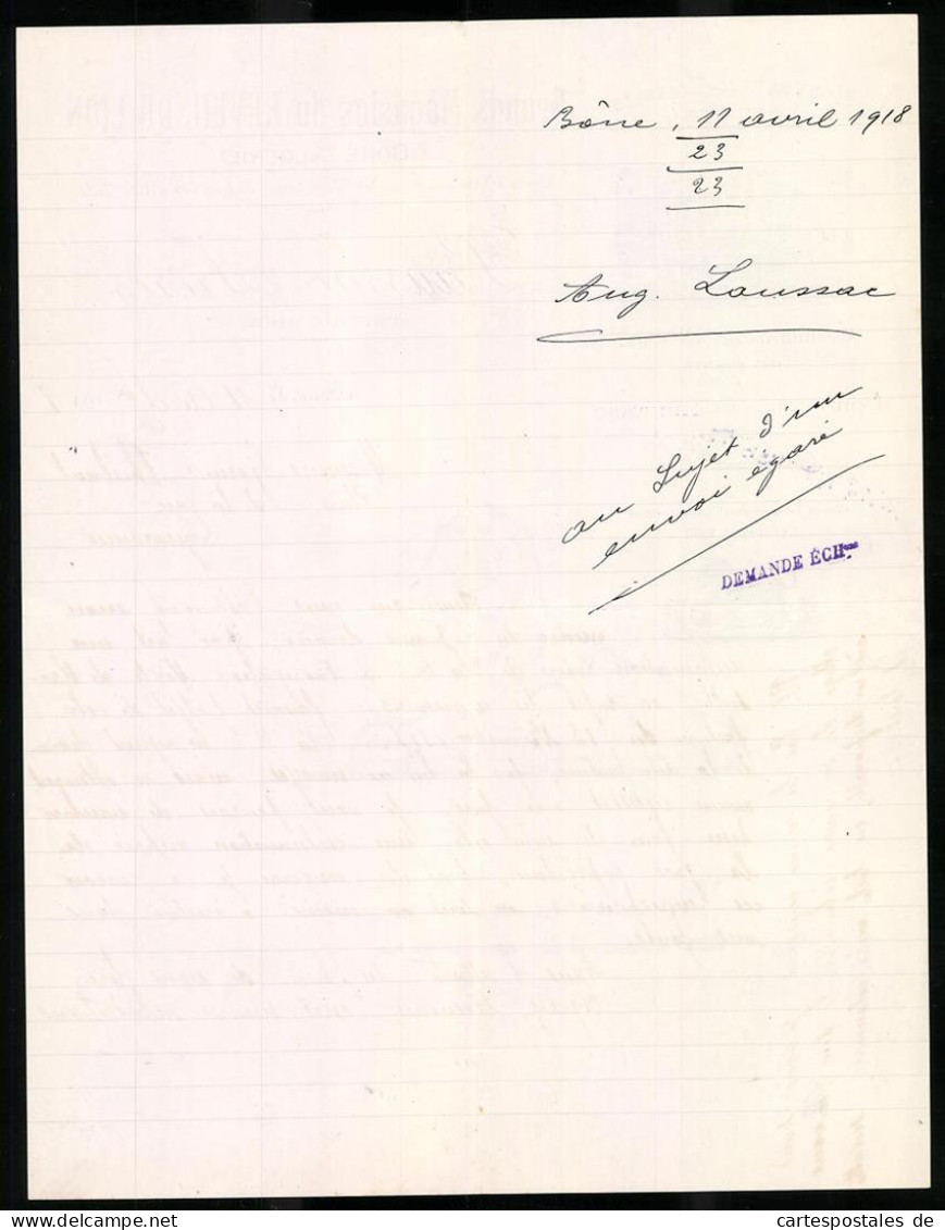 Facture Bone 1918, Grnads Magasins Du Reveil Du Lion, Geschäfstshaus Am Cours Bertagna  - Other & Unclassified