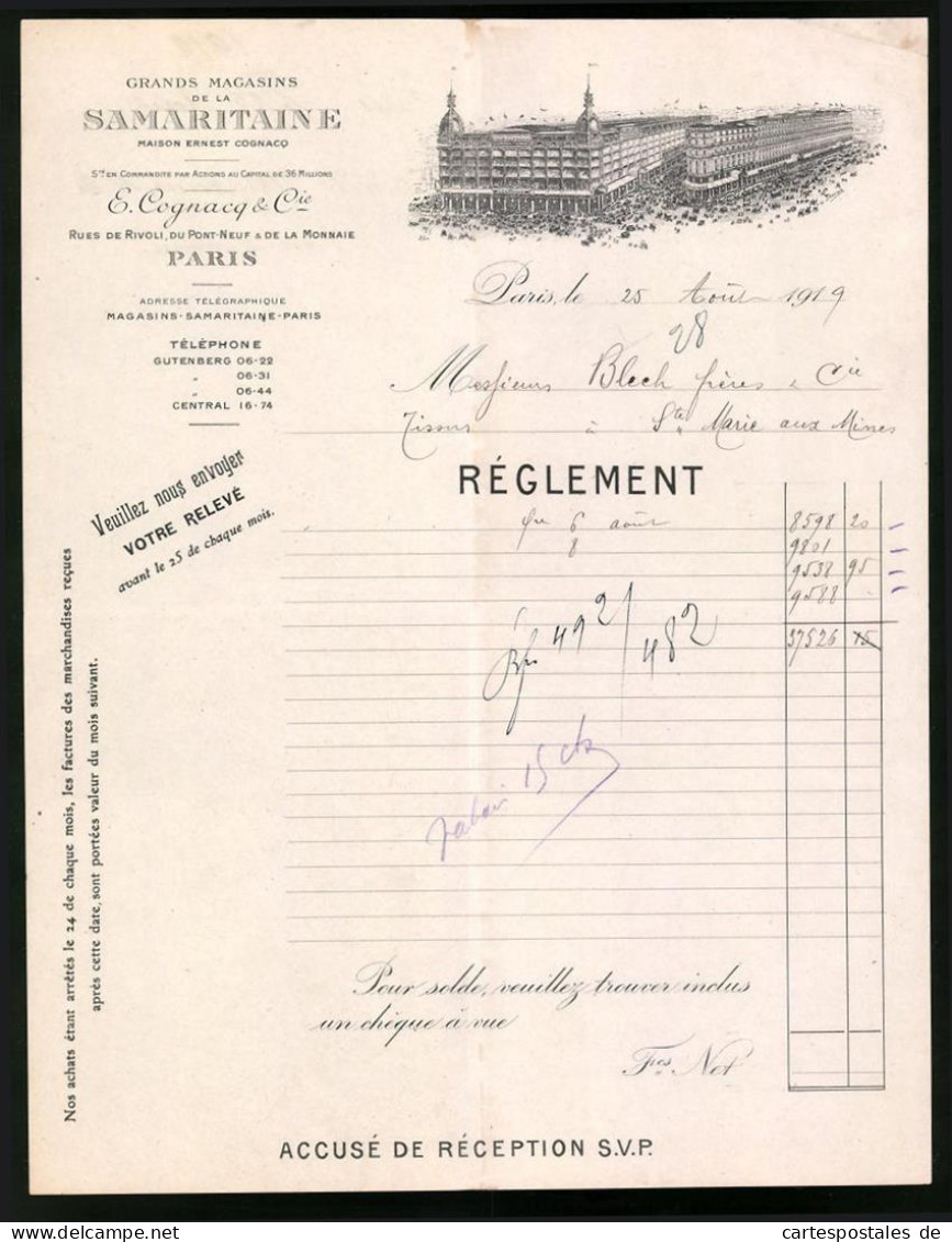 Facture Paris 1919, Grand Magasins De La Samaritaine, E- Cognacq & Cie., Verkaufshaus In Der Rue De Rivoli  - Sonstige & Ohne Zuordnung