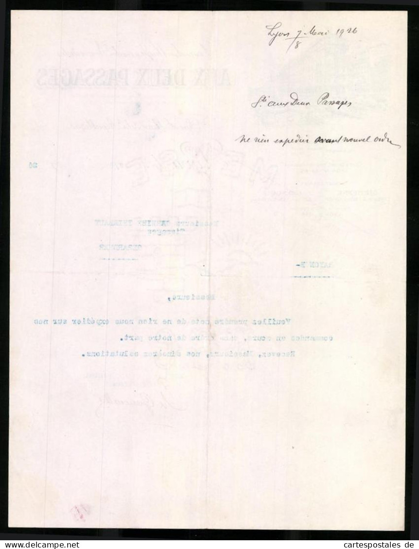 Facture Lyon 1926, Grand Magasins De Nouveautes, Aux Deux Passages, Vue De La Rue Avec Geschäftshaus, Place De La Rep  - Otros & Sin Clasificación