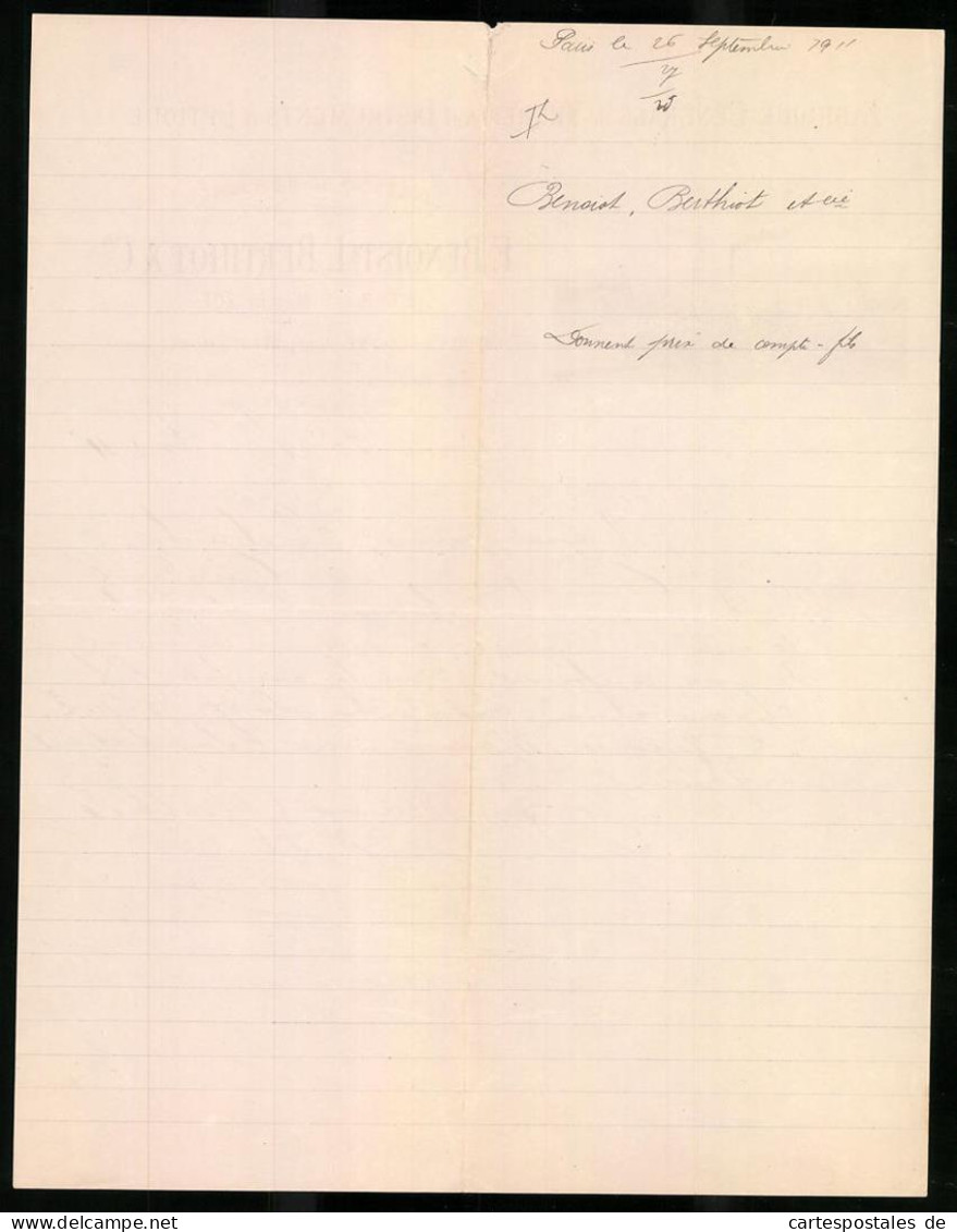 Facture Paris 1911, Fabrique Generale De Verres & D`Intruments D`Optique, F. Benois, L. Berthiot & Cie., Werksansicht  - Sonstige & Ohne Zuordnung