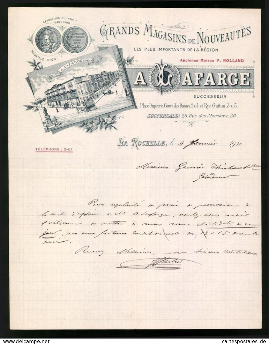 Facture La Rochelle 1911, Grands Magasins De Nouveautes, A. Lafarge Suc., Vue De Das Geschäftshaus Avec Werbekarren  - Other & Unclassified