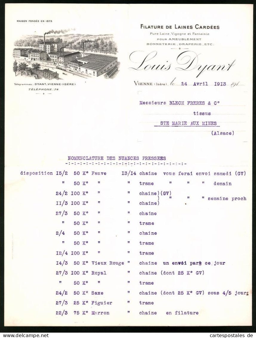 Facture Vienne / Isere, 1913, Filature De Laines Cardees, Louis Dyant, Vue De Das Werk  - Altri & Non Classificati