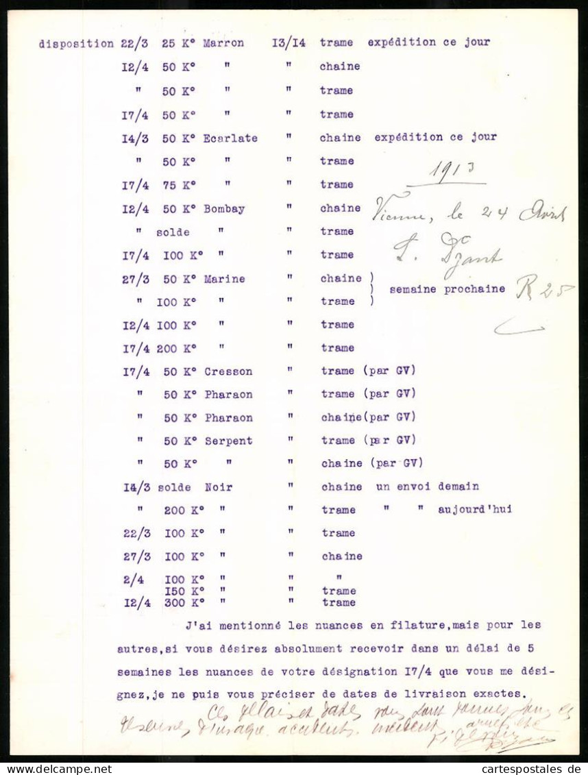 Facture Vienne / Isere, 1913, Filature De Laines Cardees, Louis Dyant, Vue De Das Werk  - Other & Unclassified