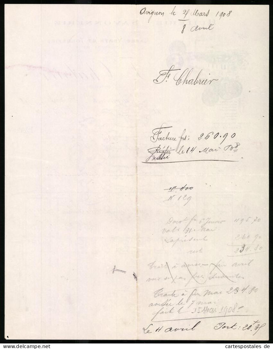 Facture Avignon 1908, Huilerie Savonnerie, J. Chabier, Cafes Verts Et Torrefies, Vue De Das Werk  - Sonstige & Ohne Zuordnung