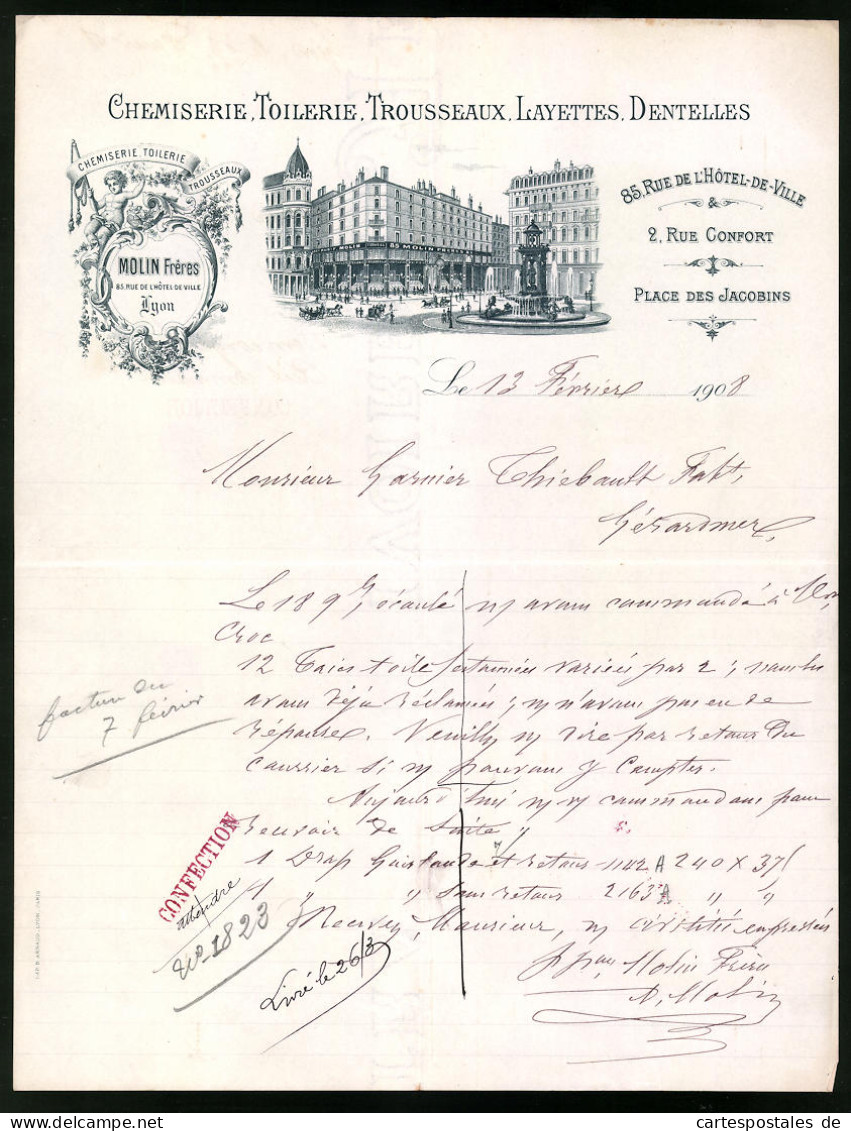 Facture Lyon 1908, Chemiserie, Toilerie, Trousseuax. Layettes, Dentelles, Molin Freres, Place Des Jacobin Avec Geschä  - Andere & Zonder Classificatie