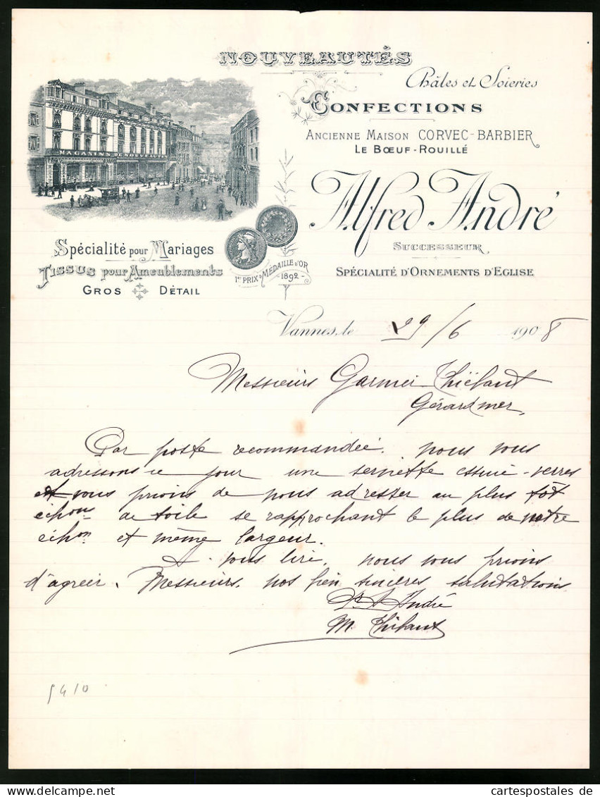 Facture Vannes 1908, Magasins De Nouveautes Chales Et Soieries Confections, Alfred Andre, Geschäftshaus  - Altri & Non Classificati