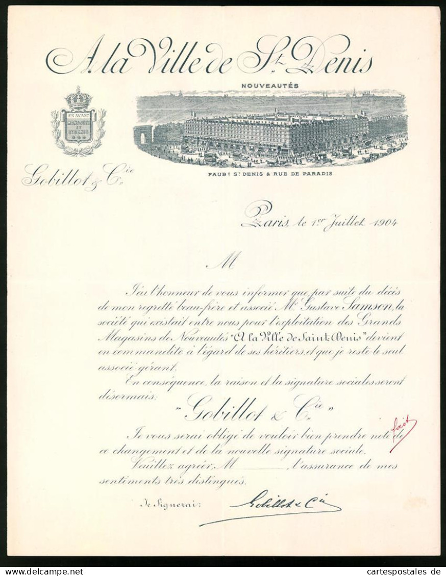 Facture Paris 1904, A La Ville De St. Denis, Grands Magasins De Nouveautes, Gobillot & Cie., Vue De Das Verkaufshaus  - Altri & Non Classificati