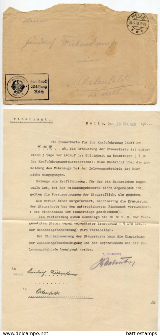 Germany 1929 Official Cover & Document; Melle - Finanzamt (Tax Office) To Ostenfelde; Motor Vehicle Tax Card Renewal - Briefe U. Dokumente