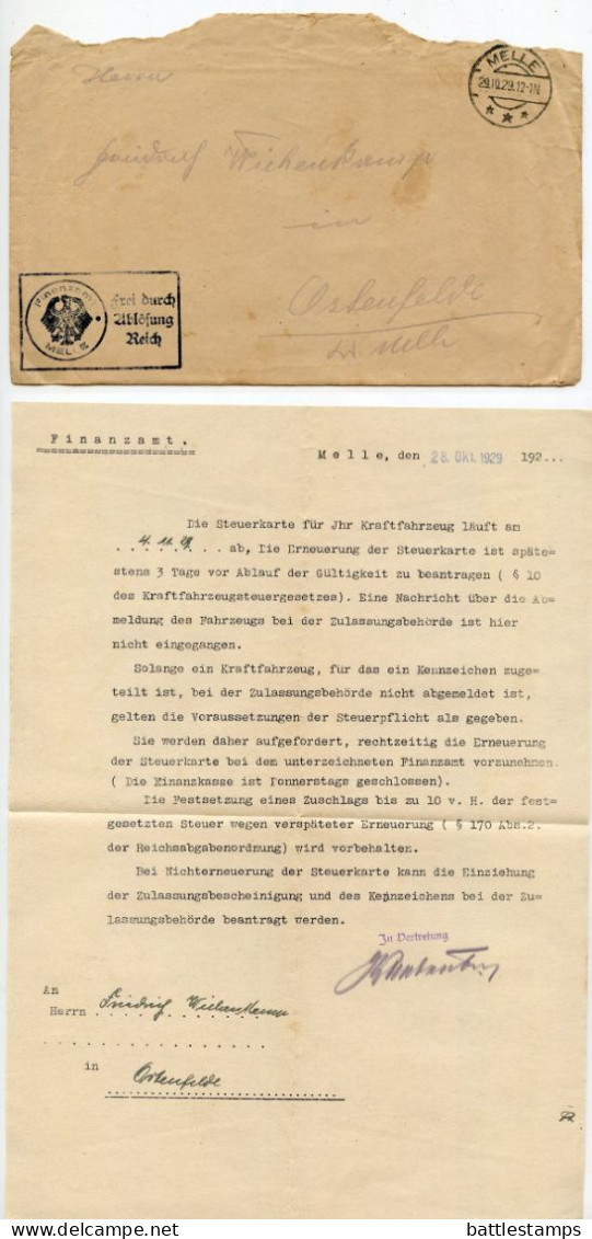 Germany 1929 Official Cover & Document; Melle - Finanzamt (Tax Office) To Ostenfelde; Motor Vehicle Tax Card Renewal - Covers & Documents