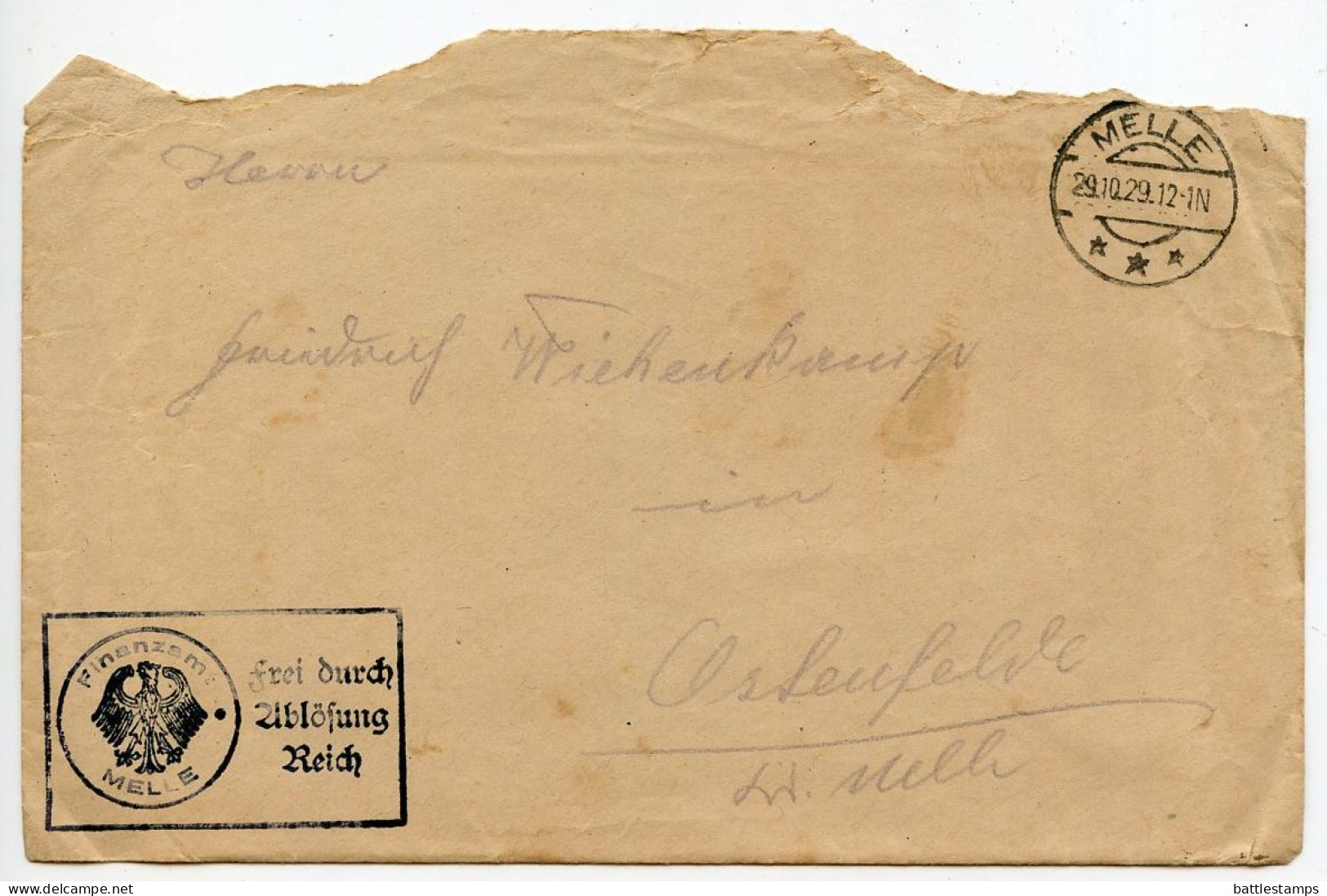 Germany 1929 Official Cover & Document; Melle - Finanzamt (Tax Office) To Ostenfelde; Motor Vehicle Tax Card Renewal - Briefe U. Dokumente