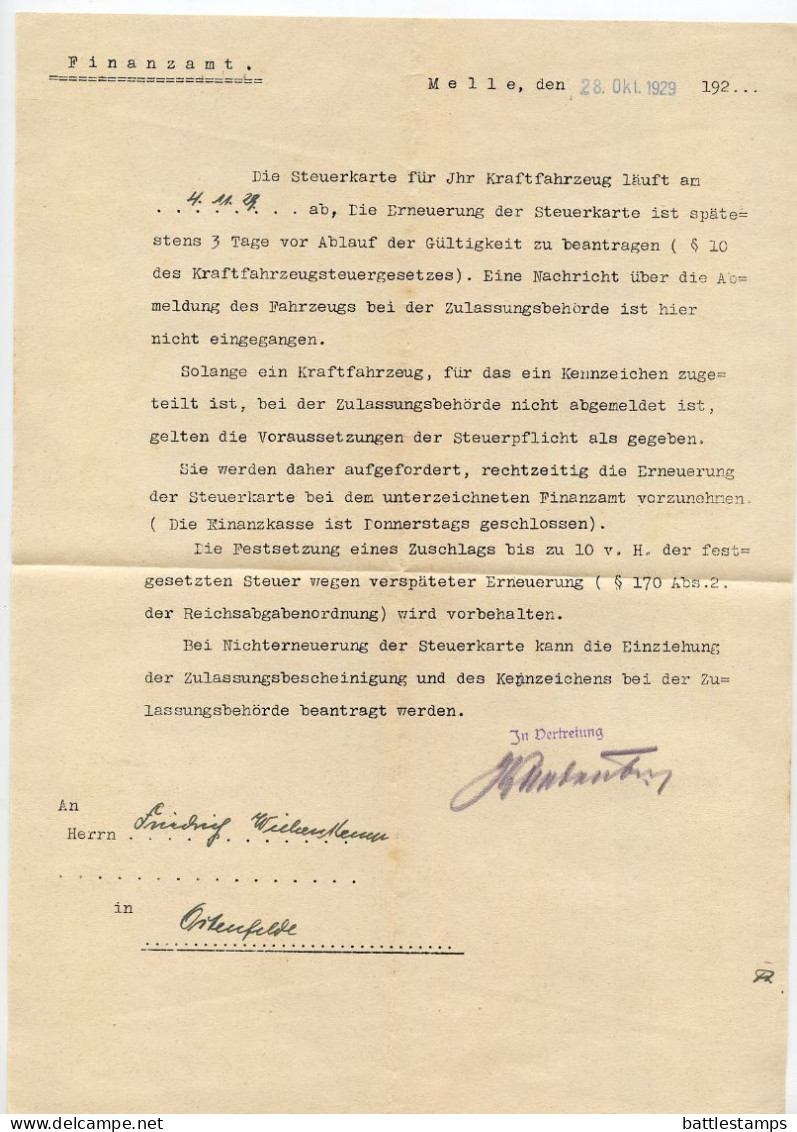 Germany 1929 Official Cover & Document; Melle - Finanzamt (Tax Office) To Ostenfelde; Motor Vehicle Tax Card Renewal - Covers & Documents