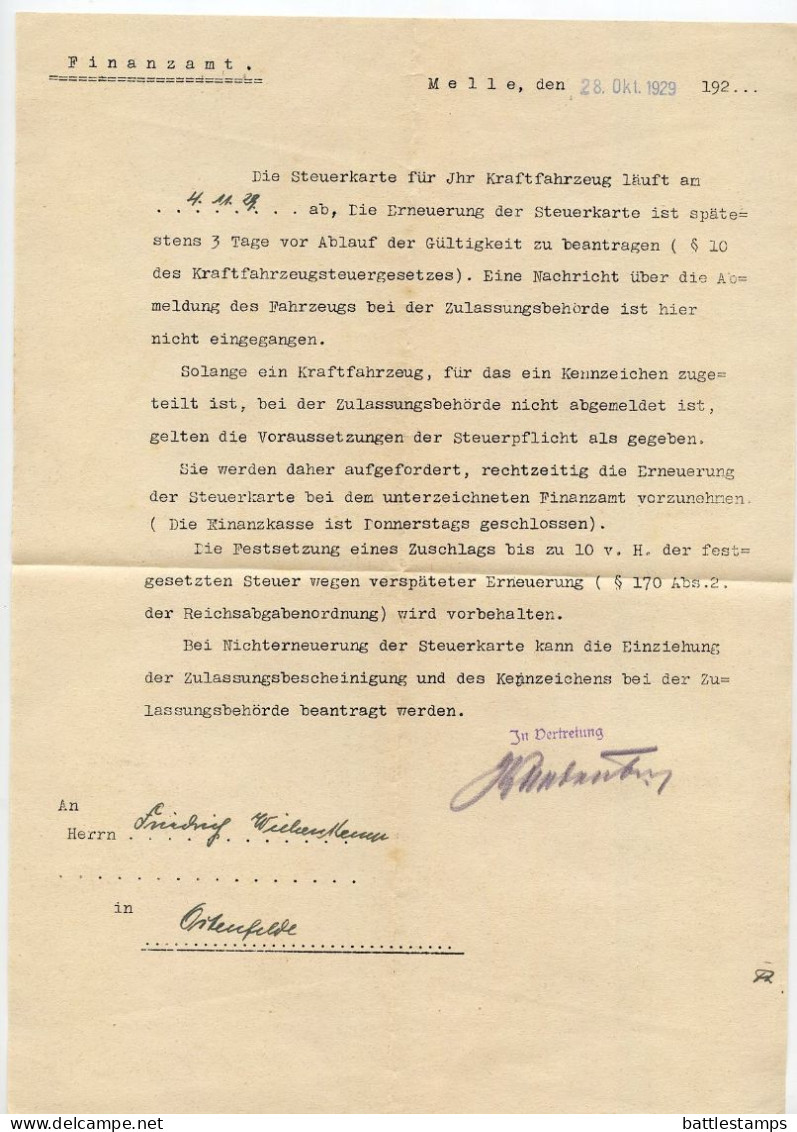 Germany 1929 Official Cover & Document; Melle - Finanzamt (Tax Office) To Ostenfelde; Motor Vehicle Tax Card Renewal - Briefe U. Dokumente