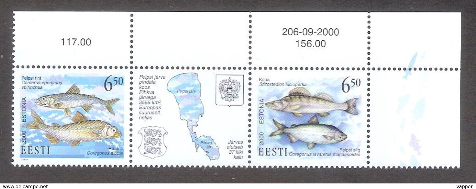Estonia 2000 Strip Of 2 Corner Stamps +Label  Lake Peipsi Fish Mi 384-85ZF - Estonie