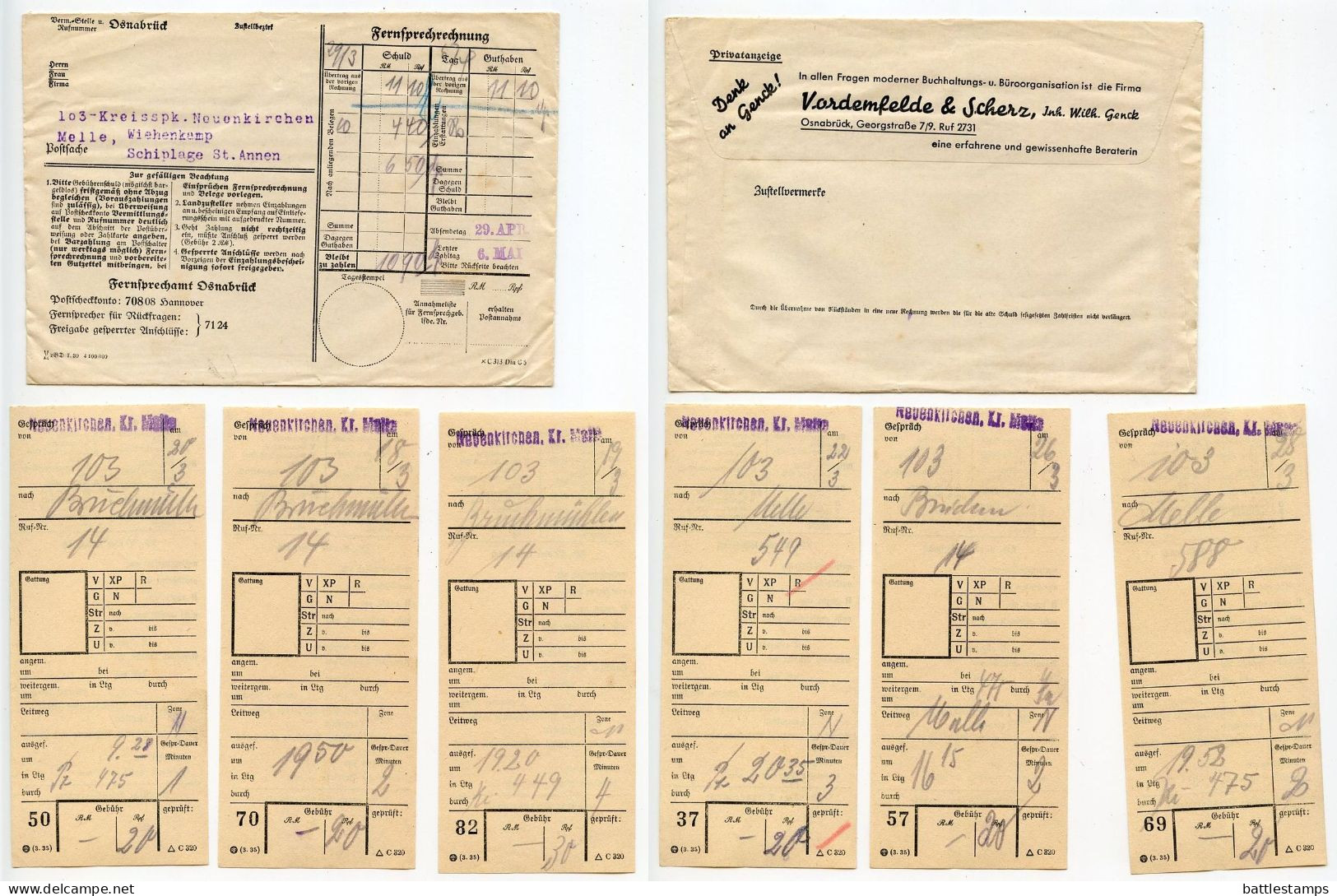 Germany 1939 Fernsprechamt Osnabrück (Telephone Exchange) - Fernsprechrechnung (Telephone Bill) & Receipts / Tabs - Covers & Documents