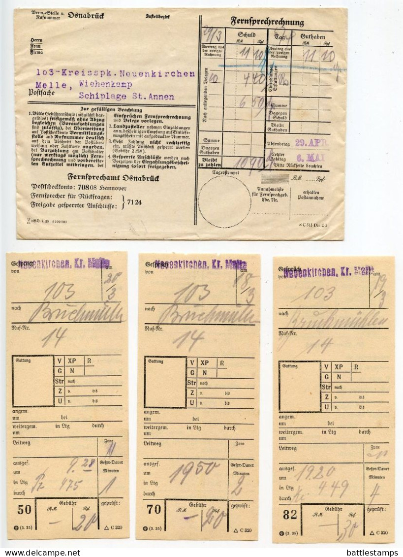 Germany 1939 Fernsprechamt Osnabrück (Telephone Exchange) - Fernsprechrechnung (Telephone Bill) & Receipts / Tabs - Covers & Documents