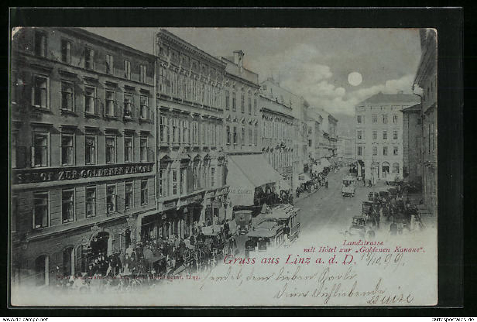 Mondschein-AK Linz A. D., Strassenbahn Am Hotel Zur Goldenen Kanone, Landstrasse  - Tram