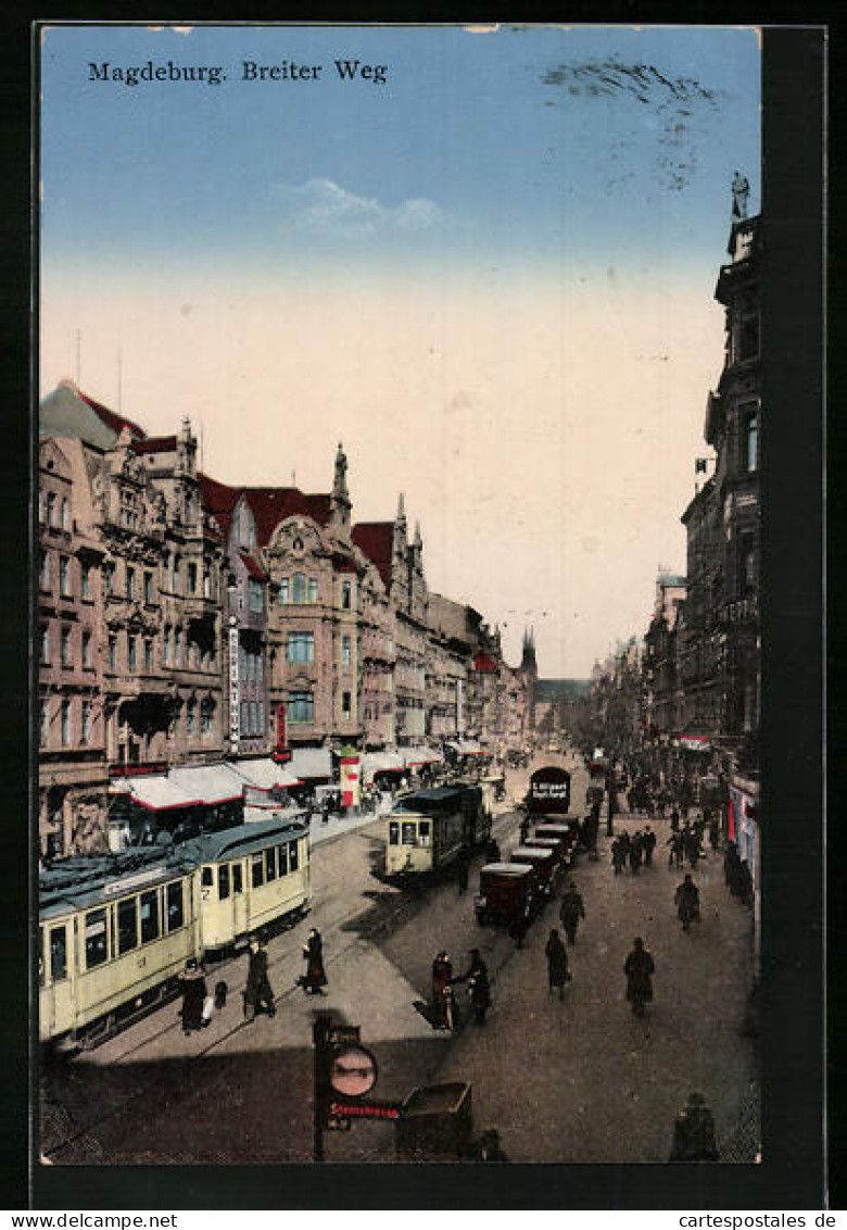 AK Magdeburg, Breiter Weg Und Strassenbahnen  - Tram