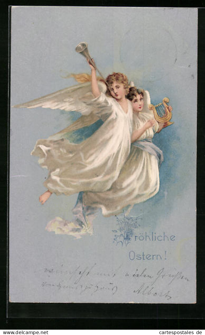 AK Osterengel Mit Fanfare Und Harfe  - Engel