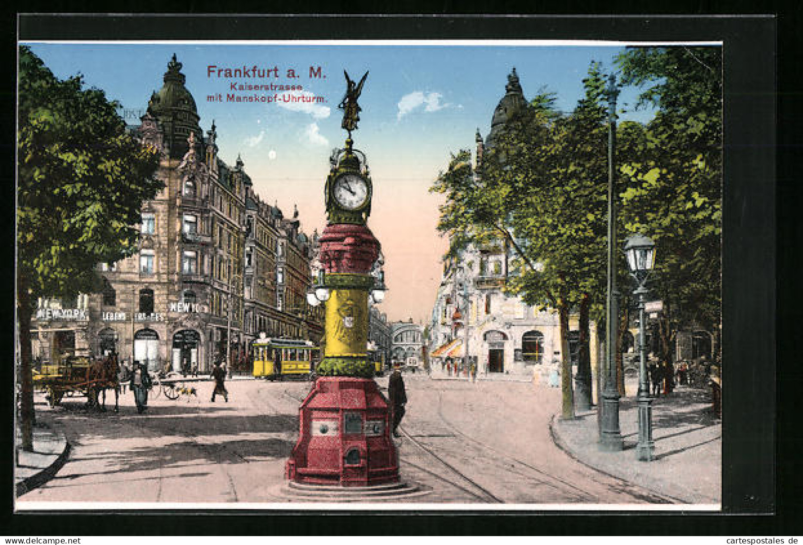 AK Frankfurt A. M., Kaiserstrasse Mit New York Lebens-Vers. Ges. Und Manskopf-Uhrturm, Strassenbahn  - Strassenbahnen