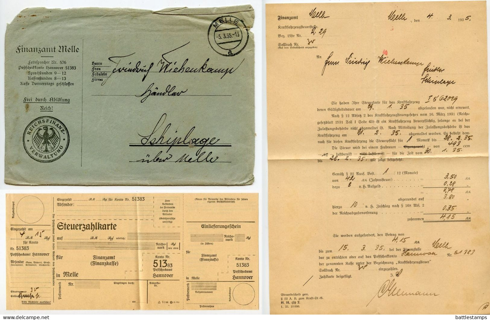 Germany 1935 Official Cover, Document & Steuerzahlkarte (Tax Payment Card); Melle - Finanzamt (Tax Office) To Schiplage - Covers & Documents