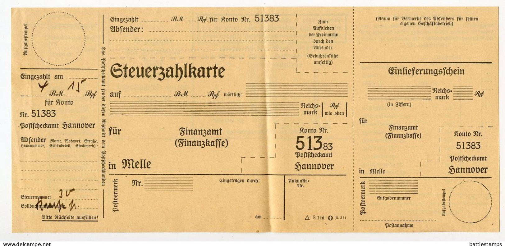 Germany 1935 Official Cover, Document & Steuerzahlkarte (Tax Payment Card); Melle - Finanzamt (Tax Office) To Schiplage - Covers & Documents