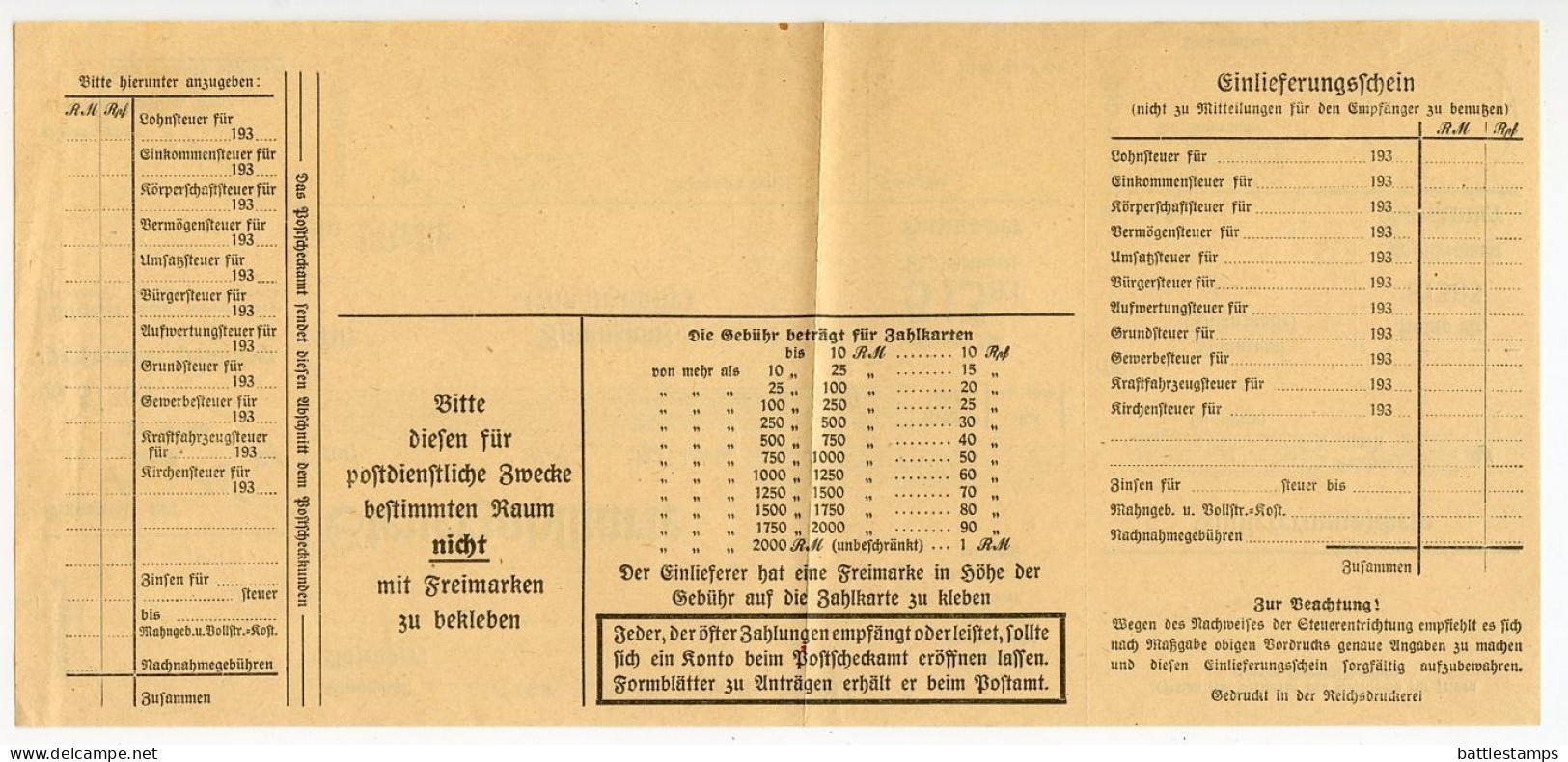 Germany 1935 Official Cover, Document & Steuerzahlkarte (Tax Payment Card); Melle - Finanzamt (Tax Office) To Schiplage - Covers & Documents