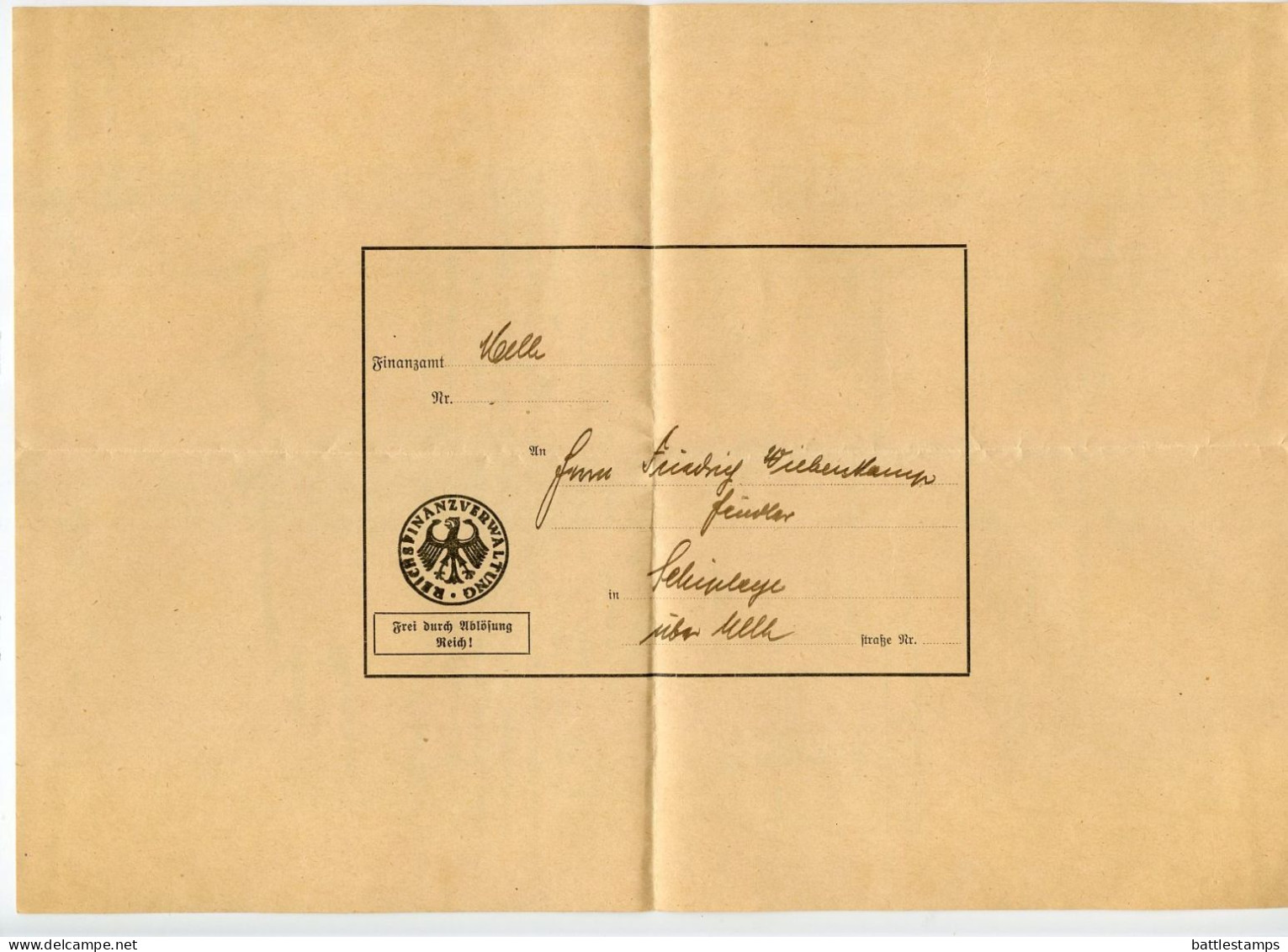 Germany 1935 Official Cover, Document & Steuerzahlkarte (Tax Payment Card); Melle - Finanzamt (Tax Office) to Schiplage