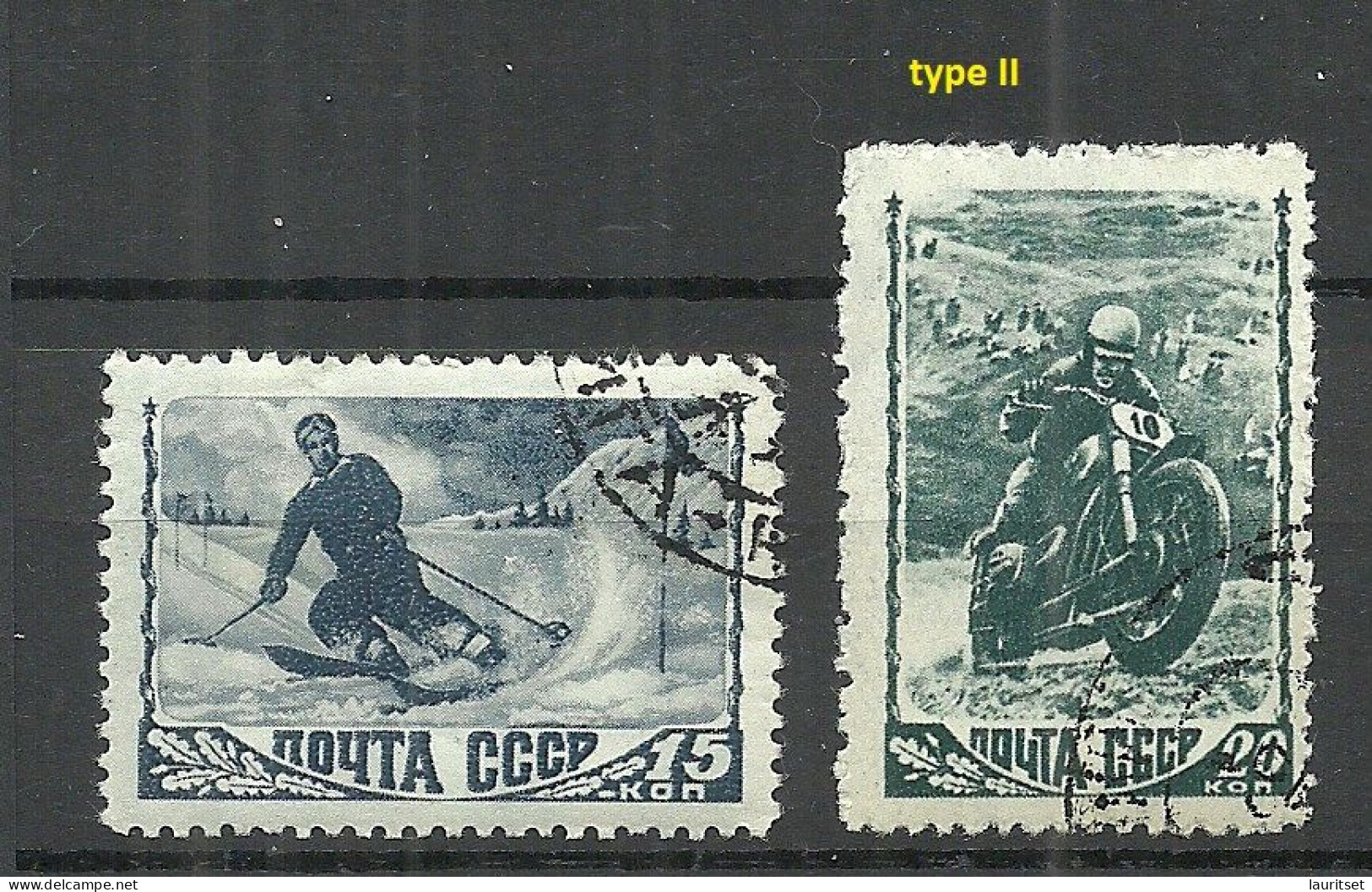 RUSSIA Russland 1948 Michel 1192 & 1193 II O Sport Ski Skiläufer & Motorradfahrer - Gebruikt