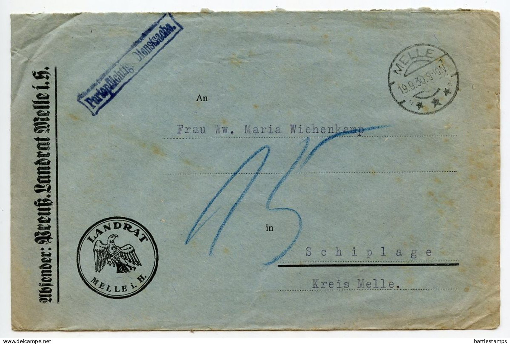 Germany 1930 Official Cover; Melle - Landrat (District Administrator) To Schiplage - Cartas & Documentos